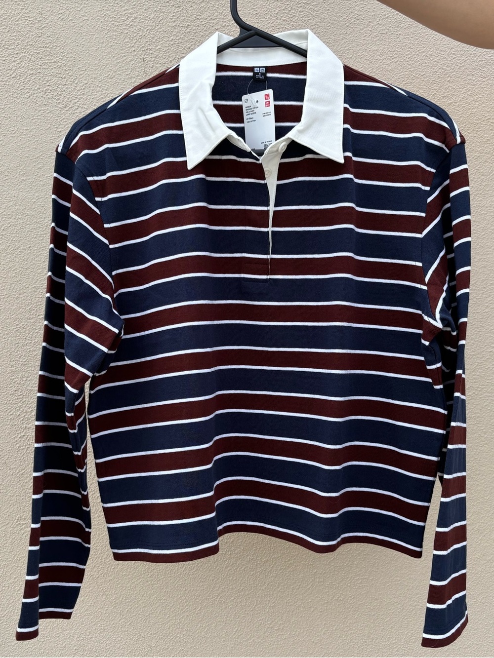 Uniqlo Washed Cotton Burgundy Maroon Red and Navy Blue Striped Polo Shirt - Picture 5 of 6